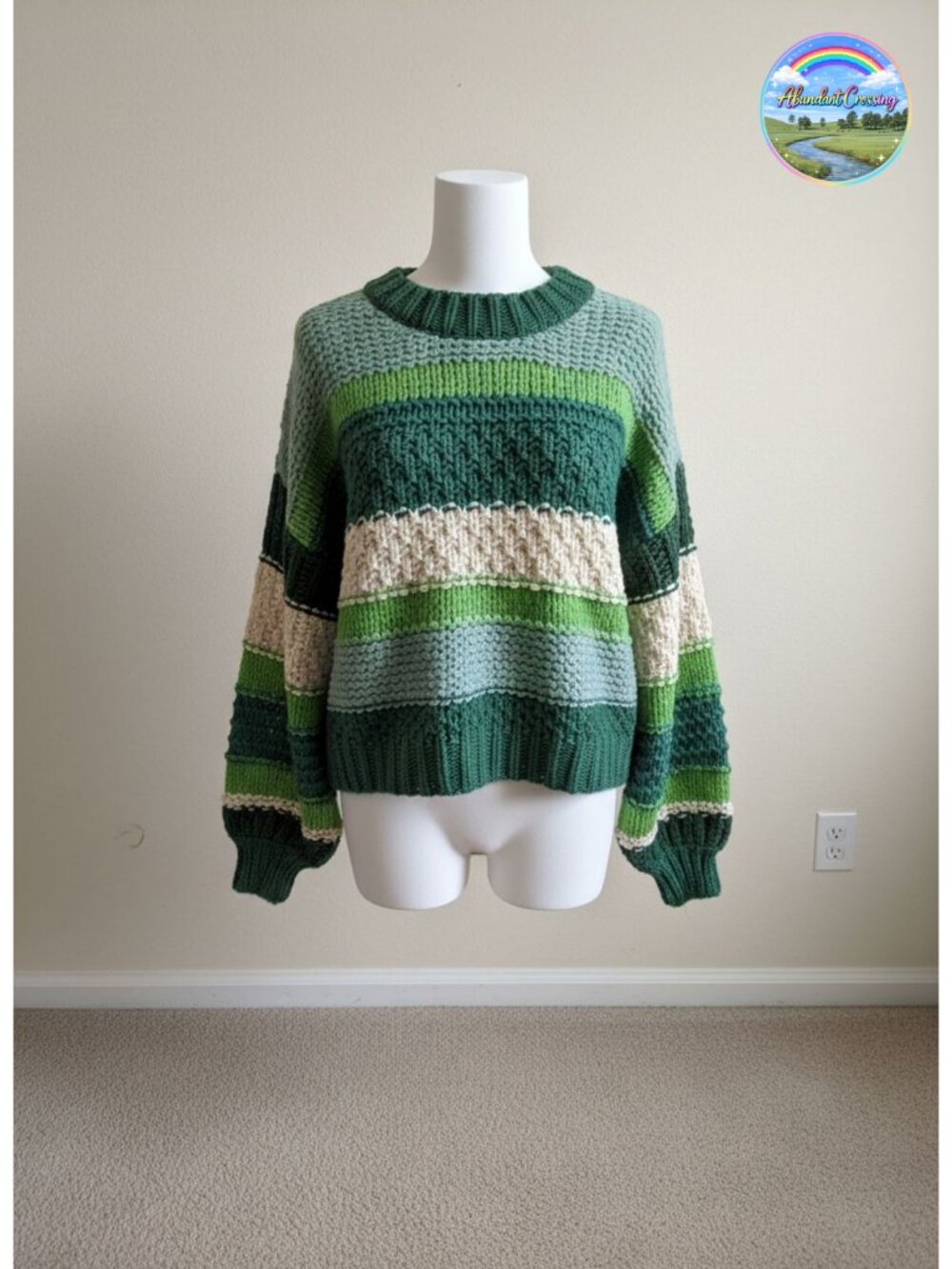 Womens Chunky Knit Cropped Sweater Striped Crew Neck Pullover
